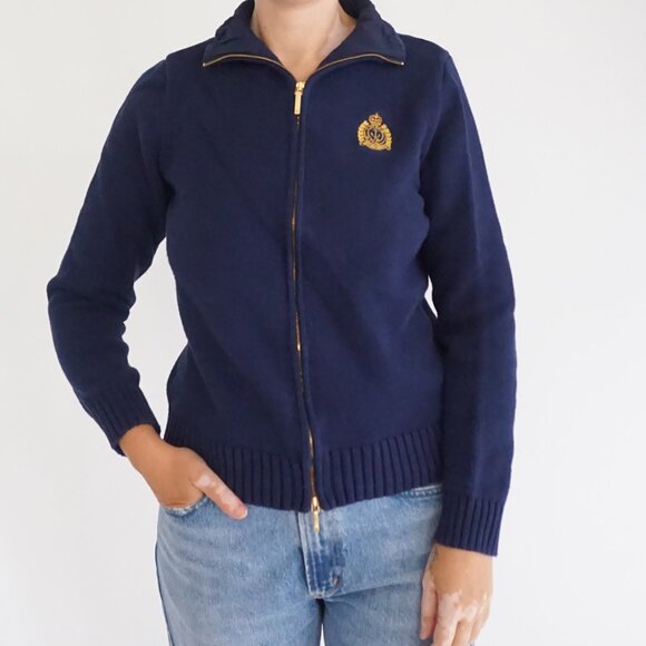 Vintage Ralph Lauren Navy Zip Cotton Sweater Preppy Collegiate Crest Knit L - Picture 1 of 8